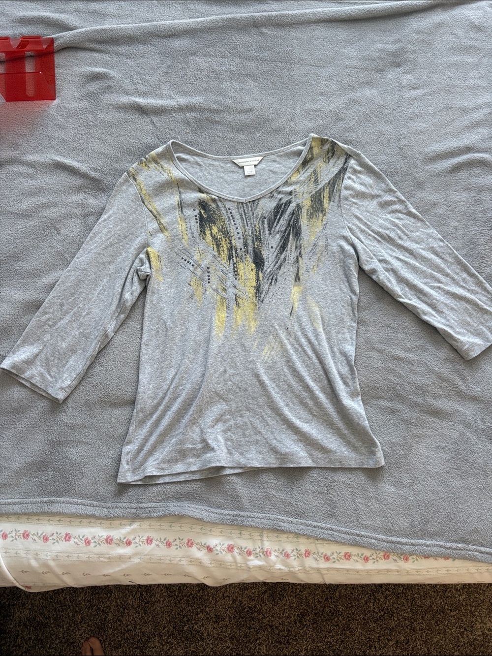 Gray Women's Scoop Neck Top with Yellow & Black Brushstroke Christopher&Banks